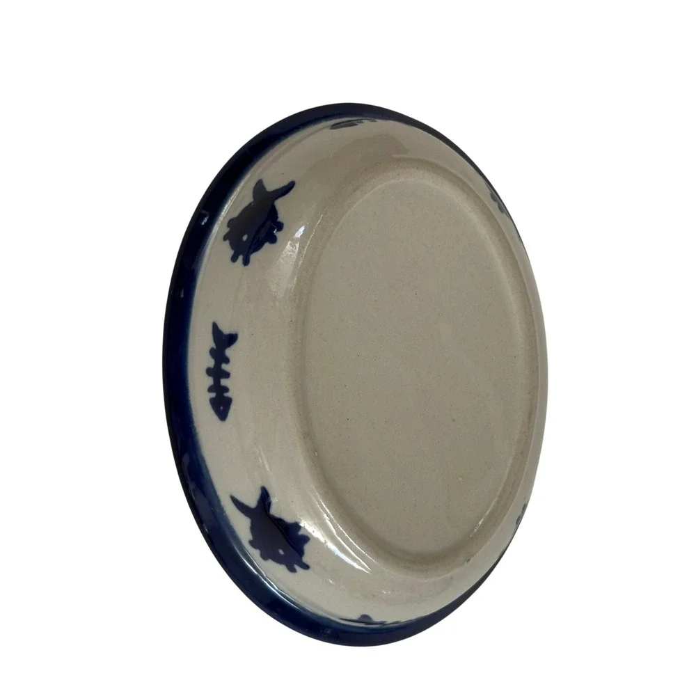 Boots & Barkley Hand Painted Stoneware Cat Food Bowl Blue Fish Oval 6.5